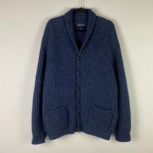 Vintage Lands End Shawl Wool Cardigan Mens Large Wool Sweater Elbow Patches Blue